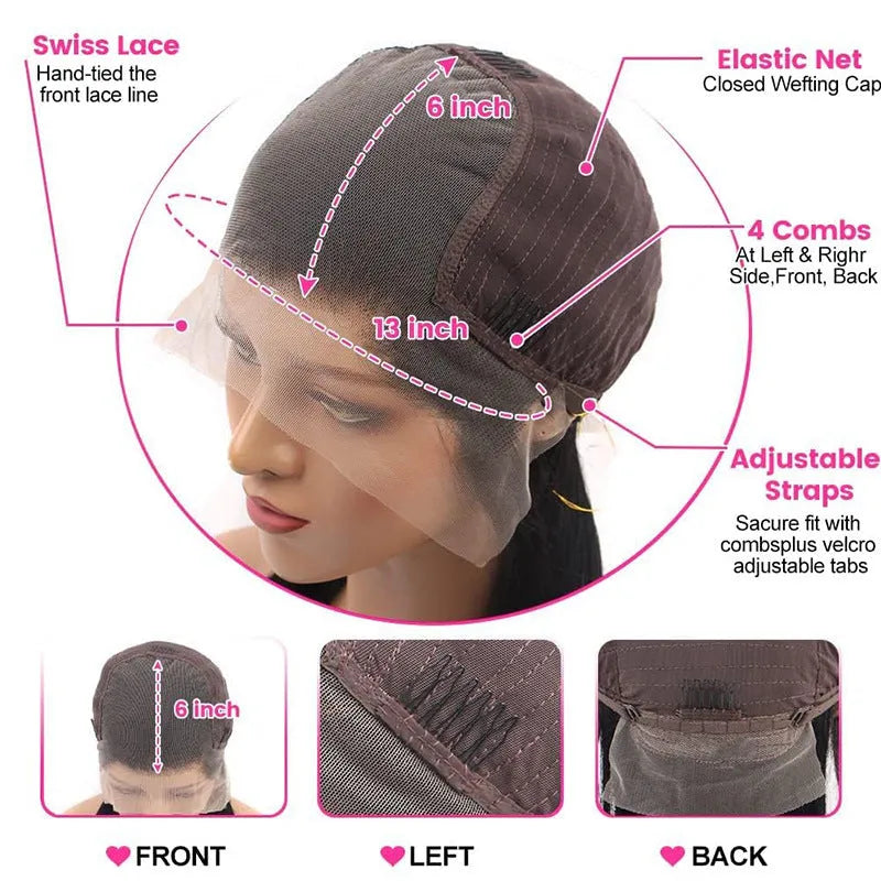 Black straight human hair lace front wig on a mannequin head, showing a natural 13x6 hairline.