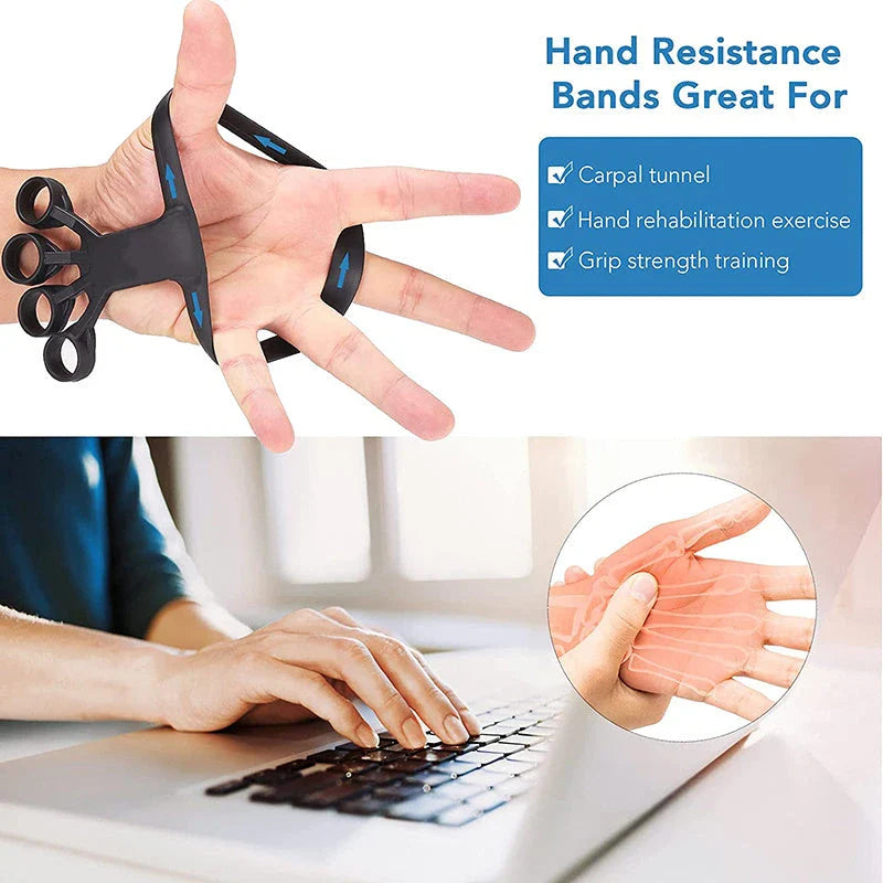 Silicone finger exerciser in black, grey, and blue colors with adjustable resistance levels to strengthen hands and relieve arthritis pain