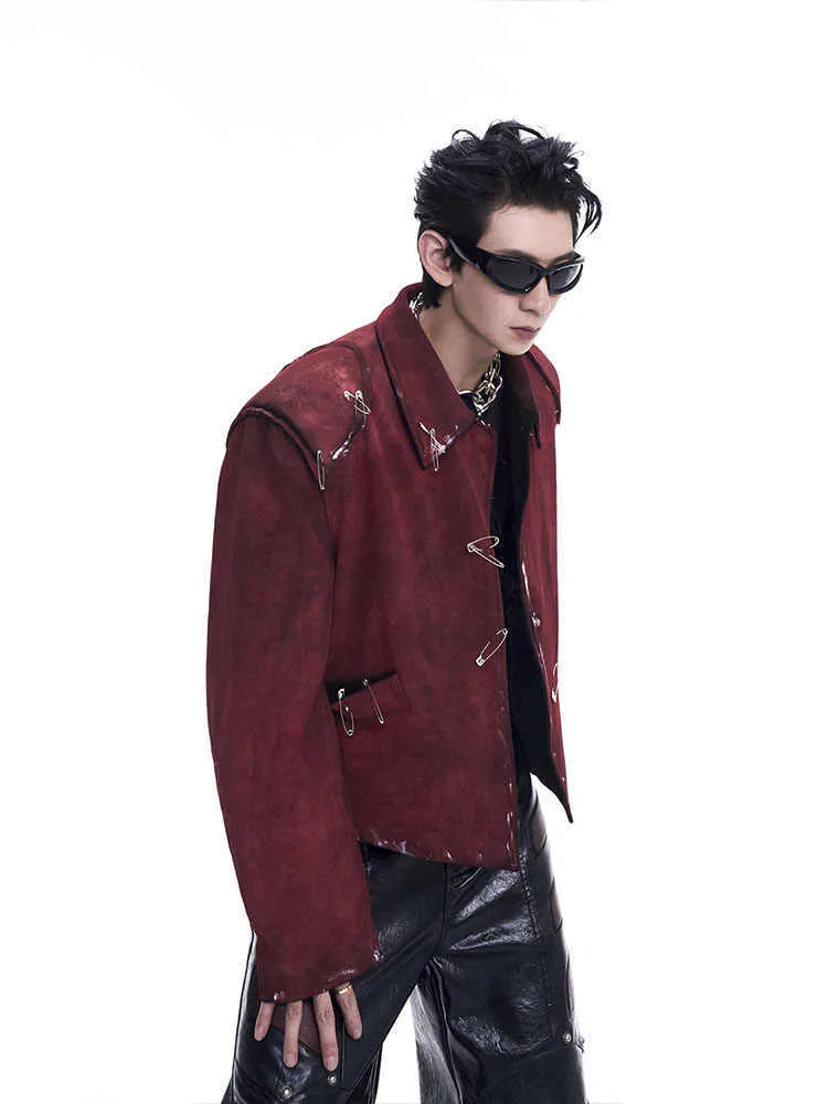 Men's red thick quilted jacket with fluffy flocking decorative pins and lapel collar