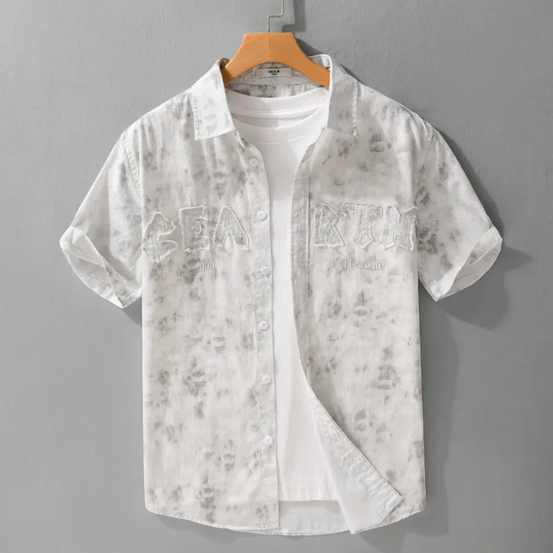 Mens grey white hanging dyed print pure cotton short sleeve cardigan loose fit