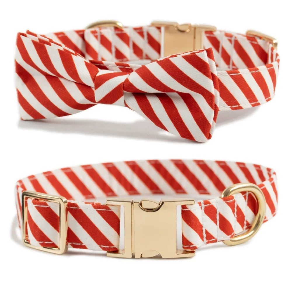 Striped green and red adjustable dog collars with a bow knot accessory on a white background.