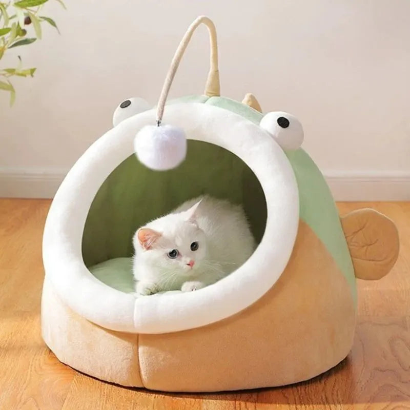 Grey deerskin velvet lantern fish-shaped semi-closed cat bed for indoor use.