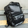 Large capacity genuine leather backpack in black, 30x20x45cm, with curved shoulder strap and retro design