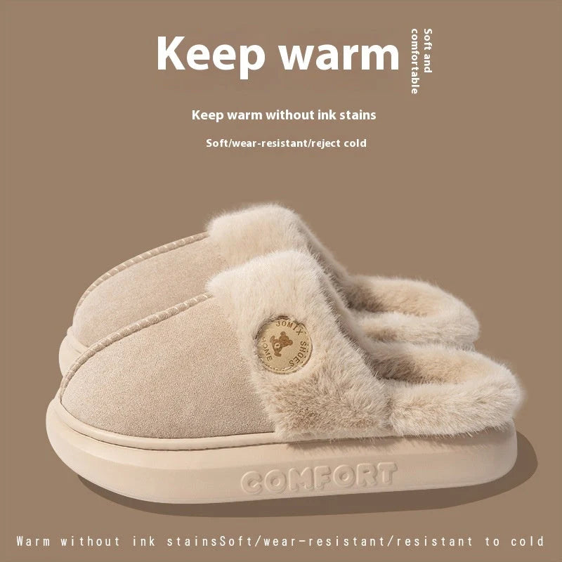 Winter plush slippers for women and men in various colours, featuring thick soles and soft fleece lining