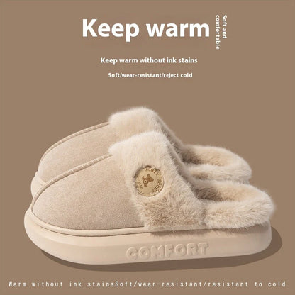 Winter plush slippers for women and men in various colours, featuring thick soles and soft fleece lining