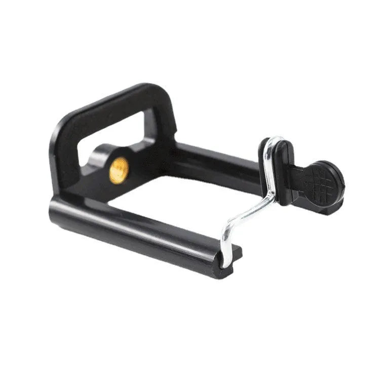 Black plastic U clip mobile phone holder bracket for bicycle and scooter handlebars.