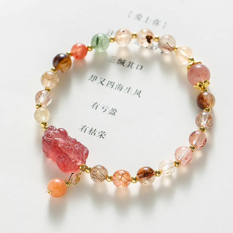 Strawberry quartz and copper bracelet with pearl accents in Chinese natural style for women