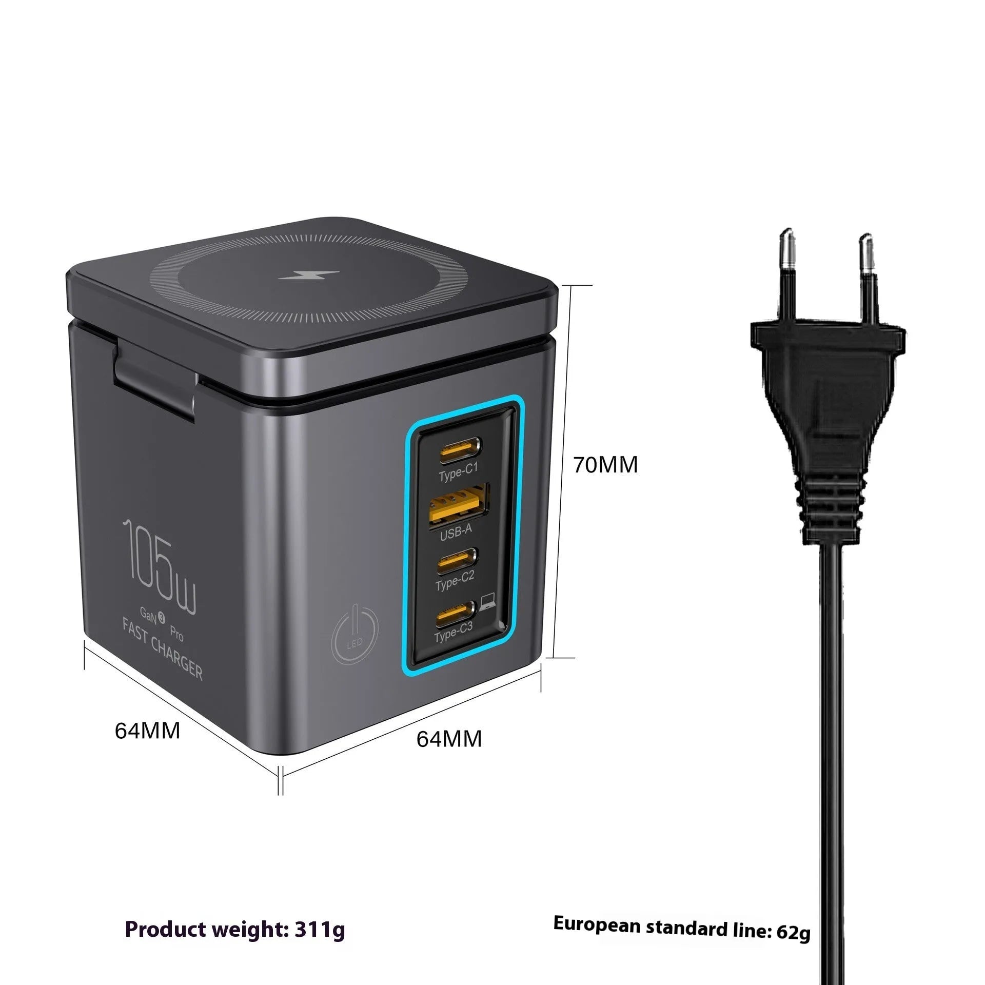 105W Multifunctional Magnetic Wireless Gallium Nitride Charger in black plastic with UK plug