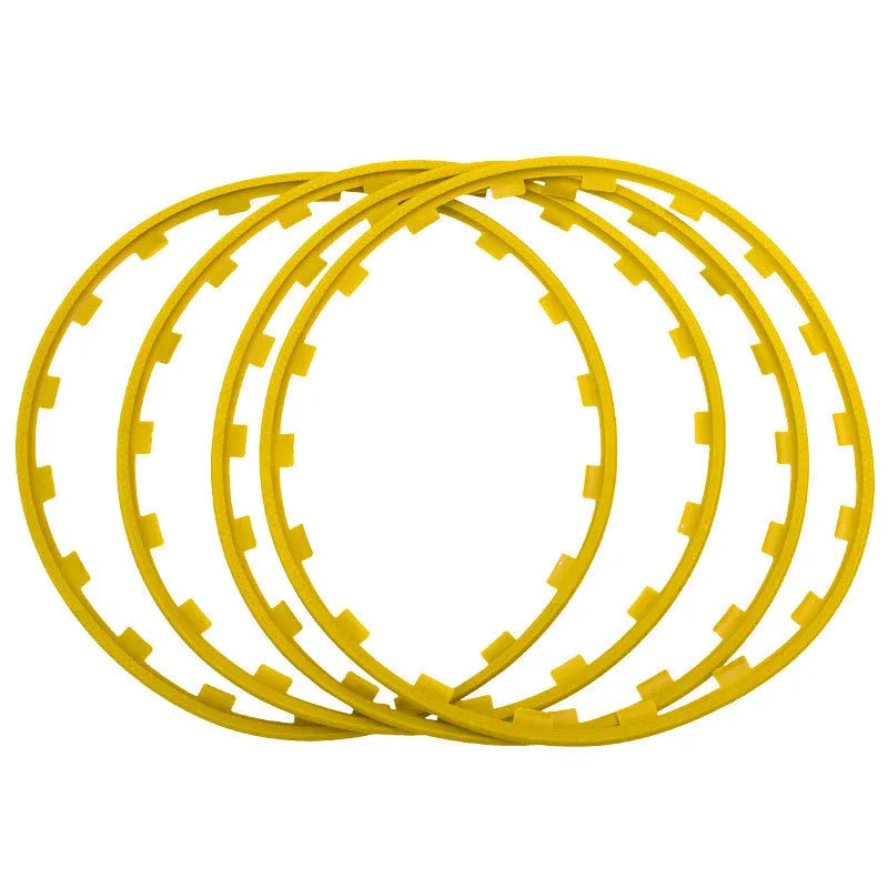 Set of four nylon wheel hub protection rings in assorted colours for 16 to 20-inch wheels.