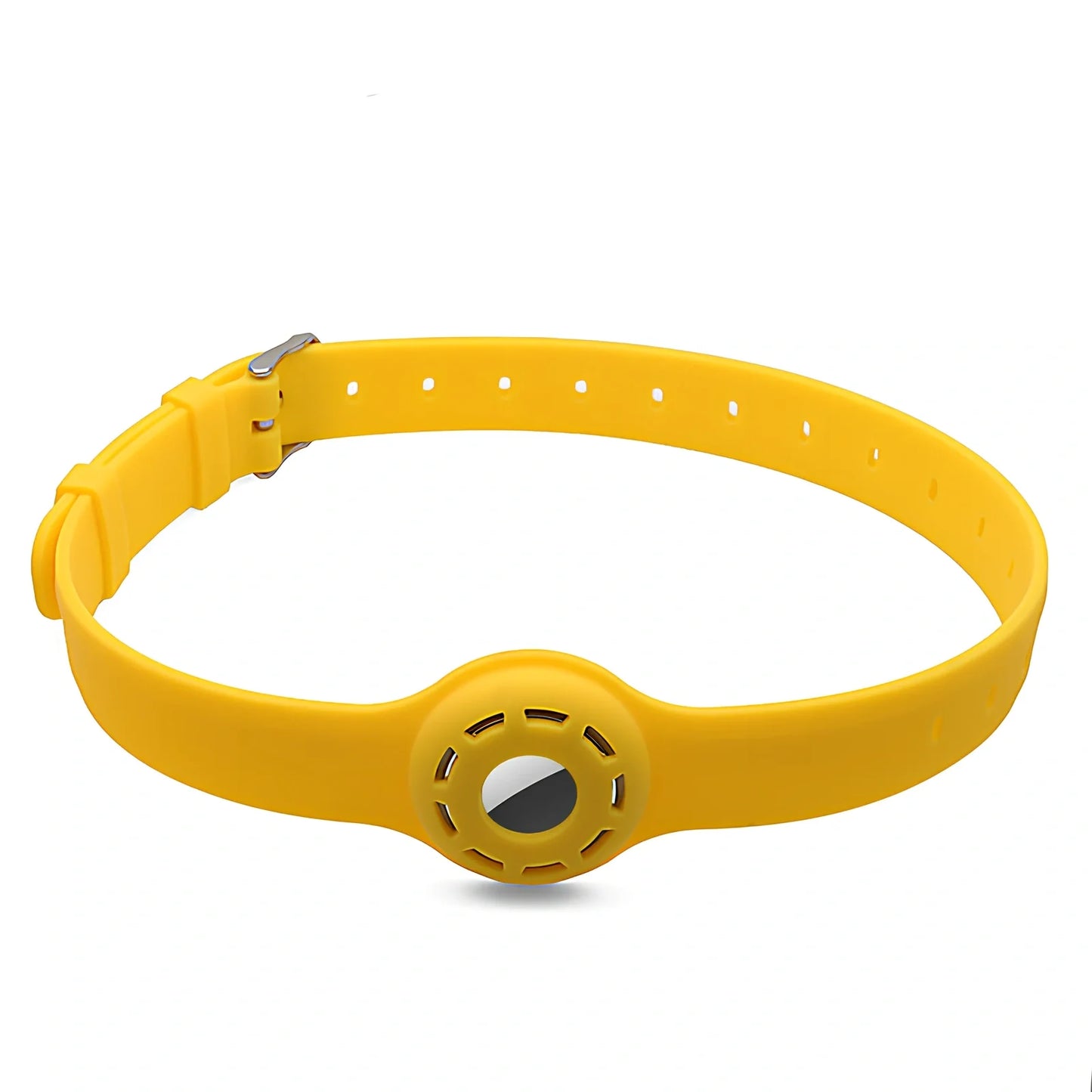 Red silicone AirTag tracker collar wrapped on pet neck, adjustable armband in solid colour for anti-lost security