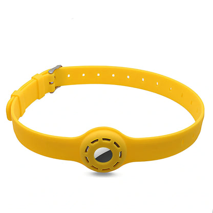 Red silicone AirTag tracker collar wrapped on pet neck, adjustable armband in solid colour for anti-lost security