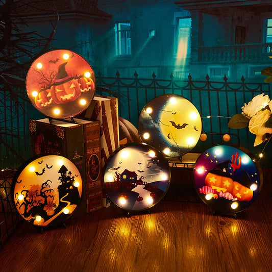Halloween LED light decorations in pumpkin, ladybug, and bat designs