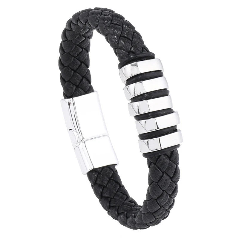 Multi-layer leather woven bracelet wrist ring in black, gold, white, and black and golden