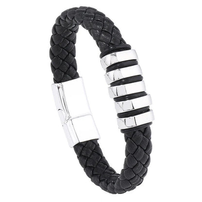 Multi-layer leather woven bracelet wrist ring in black, gold, white, and black and golden