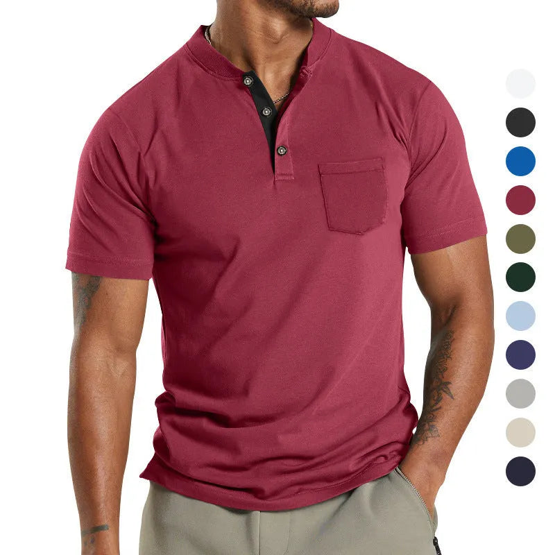 Plus size man wearing a light grey short sleeve polyester casual shirt with a button chest pocket.