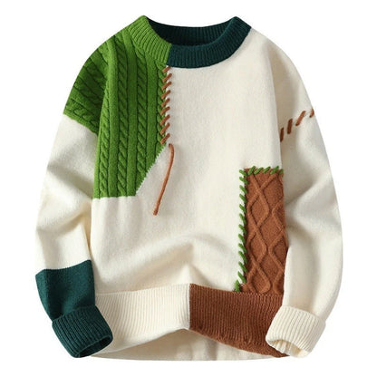 Men's Colorblock Pullover Sweater in green, orange, and grey for winter fashion