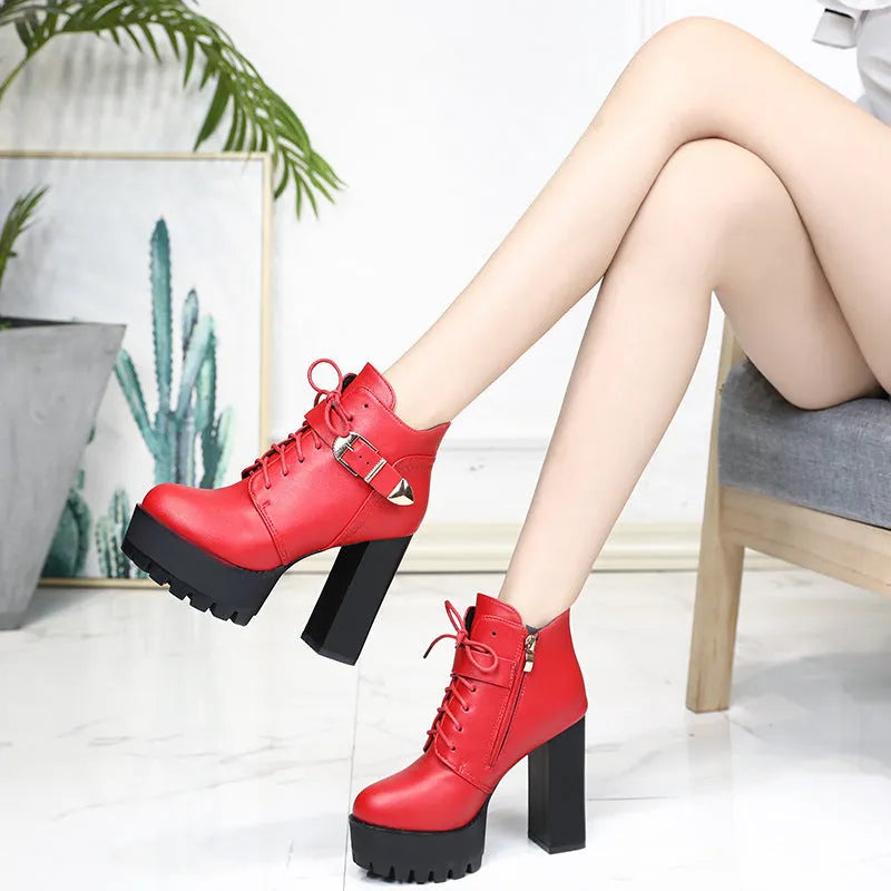New British Style chunky heel waterproof platform high heels in black, tip toe, back zipper