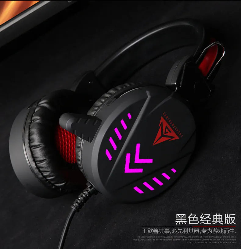 Black wired gaming headset with microphone and luminous glow for PC computer gaming