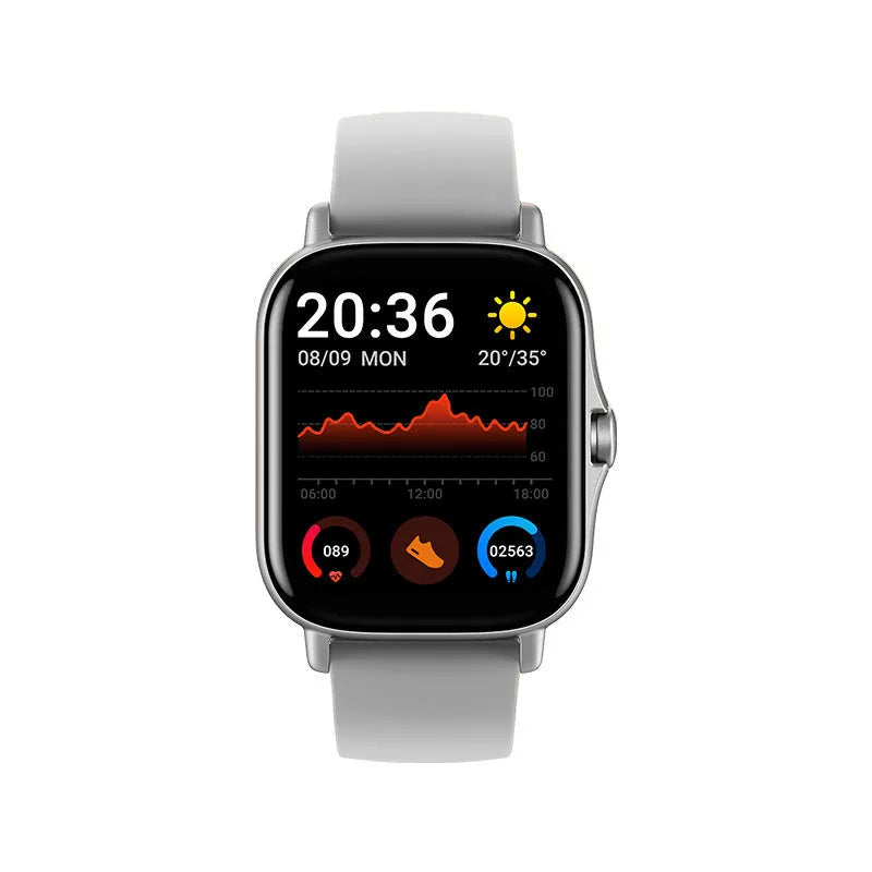 GT20 black smartwatch showing heart rate reading on its 1.75-inch screen.
