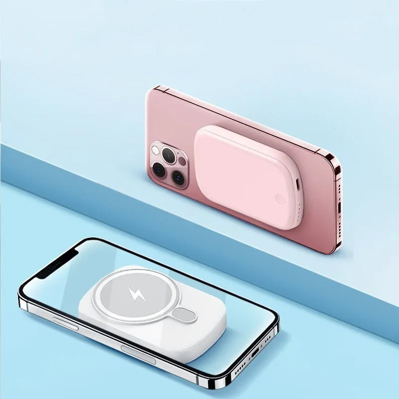 Magsafe magnetic wireless power bank in Barbie Pink colour showing creative design plastic case.