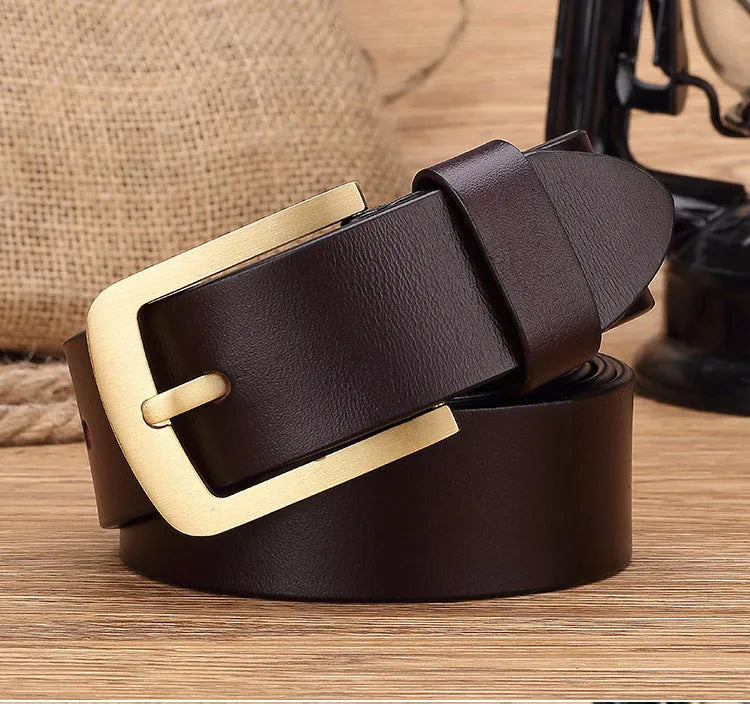 Men's leather belt with brass pin buckle in black, first layer cowhide, plain surface design