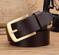 Men's leather belt with brass pin buckle in black, first layer cowhide, plain surface design