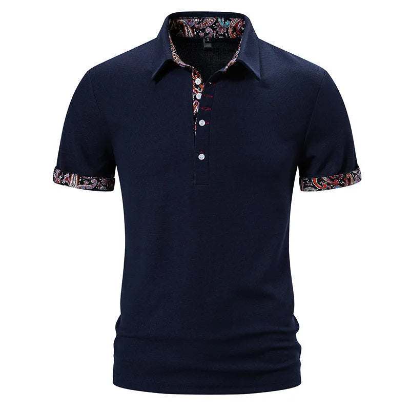 Men's white cotton blend polo shirt with a turnover collar and short sleeves on a hanger.