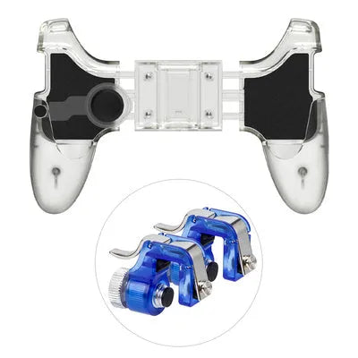 Black mobile phone plug-in gaming handle attached to a phone for physical control.