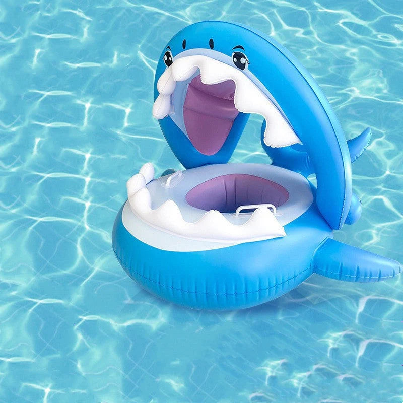 Inflatable shark seat ring for kids with sun awning, blue