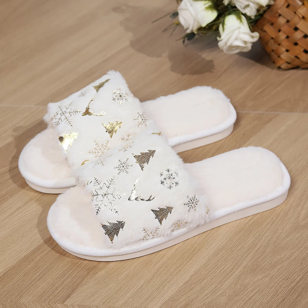 Christmas plush slippers with open-toe design and festive motifs