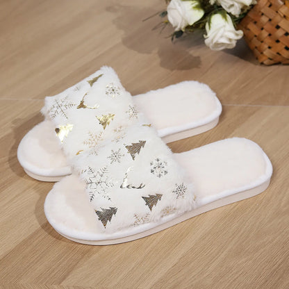 Christmas plush slippers with open-toe design and festive motifs
