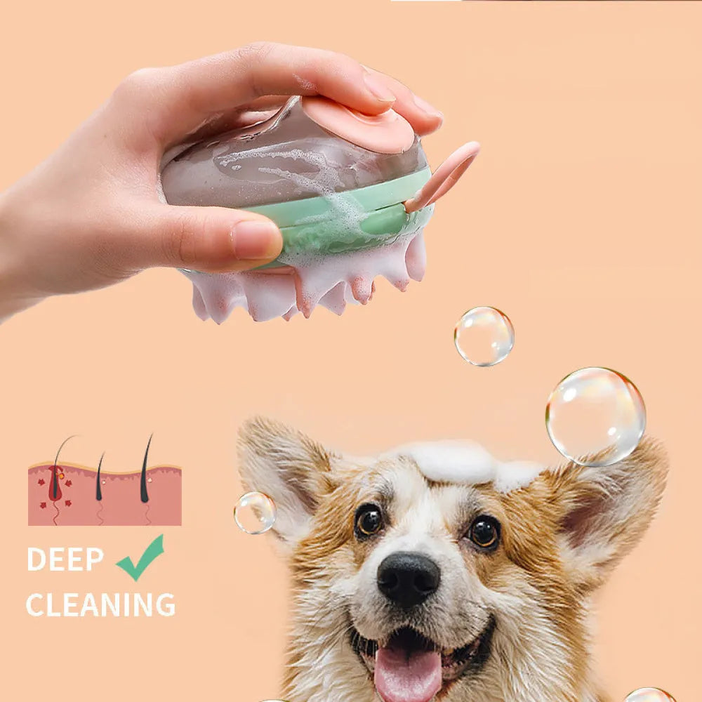 Blue pet bathing brush with shampoo dispenser and silicone bristles for cats and dogs