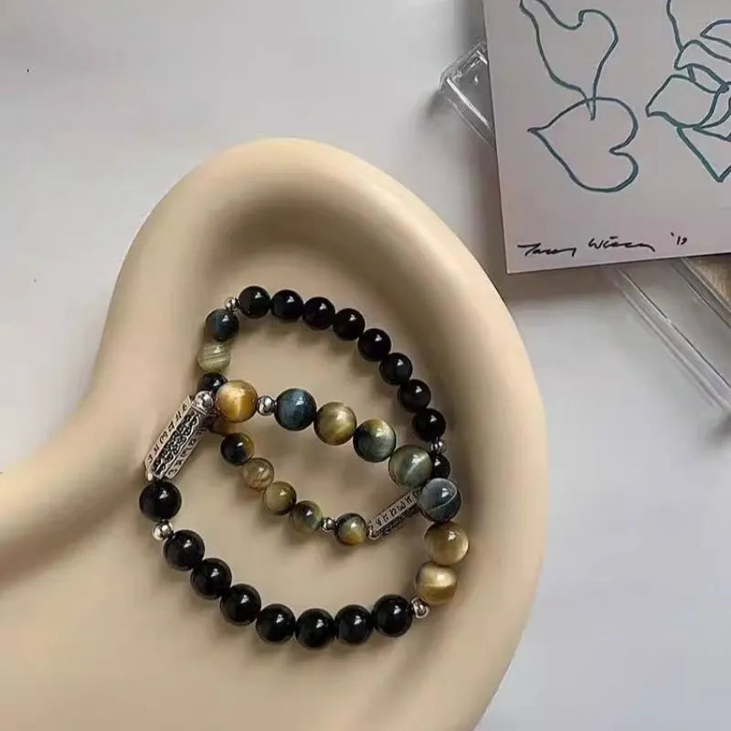 Tigereye Obsidian and Sterling Silver couple bracelets with Chinese geometric design