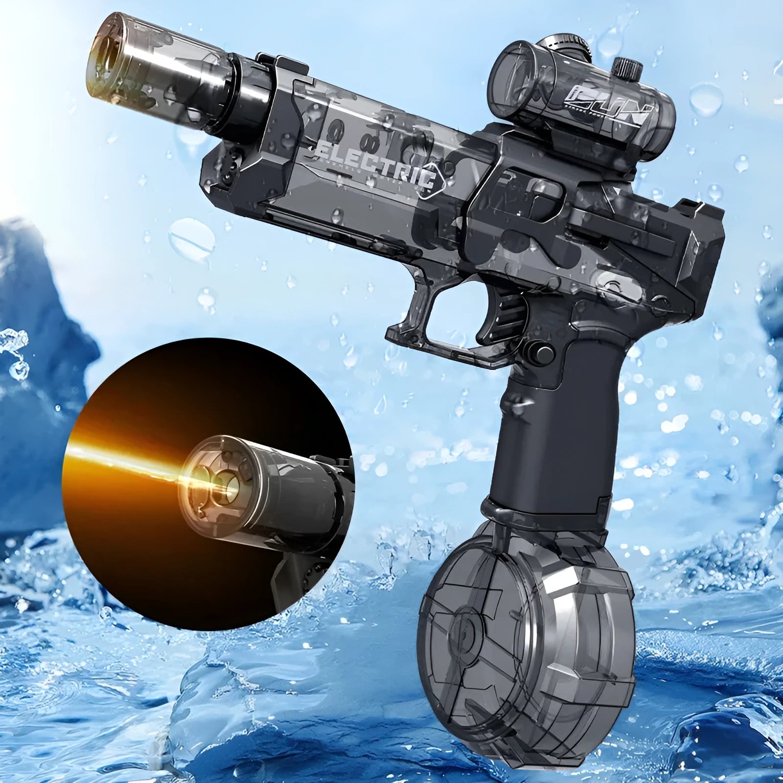 Electric water pistol toy with LED lights in black, blue and red colour options
