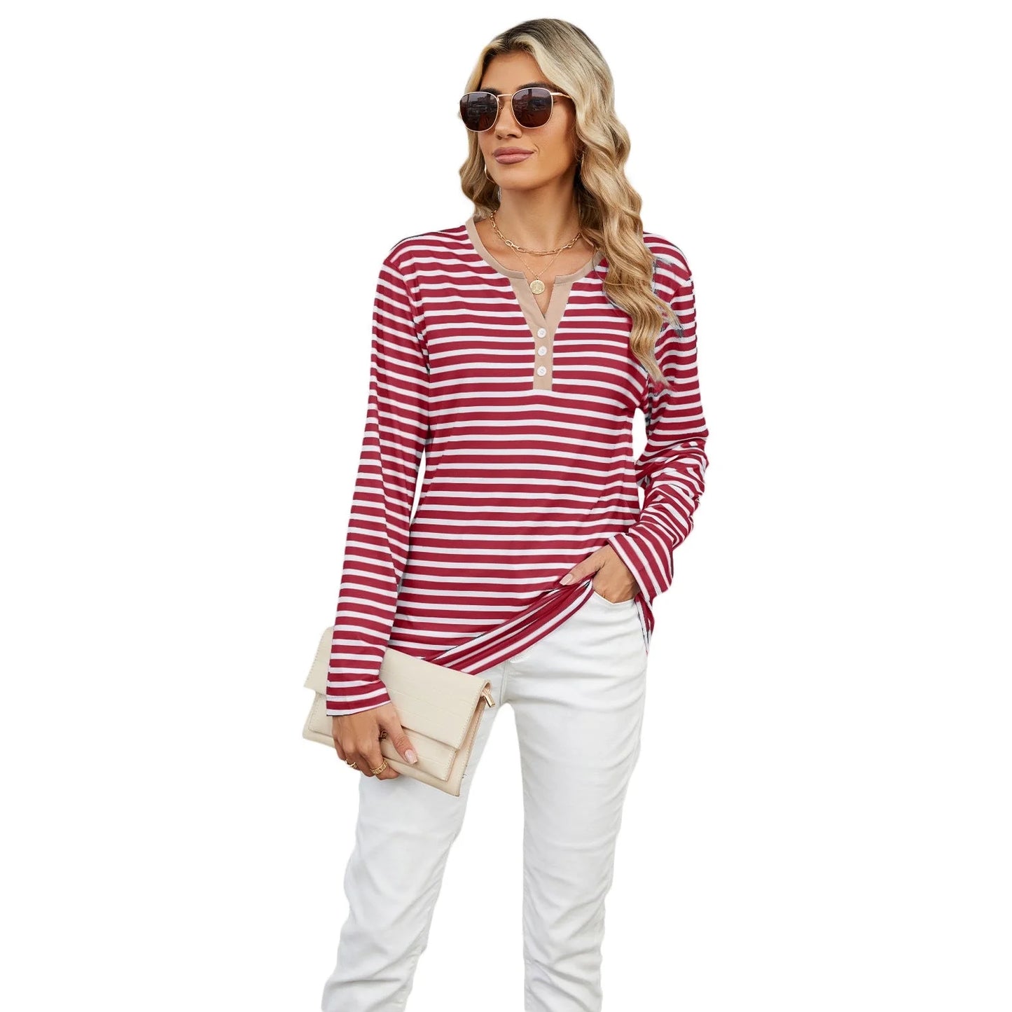 Women's V-neck striped loose long-sleeved t-shirt in various colours