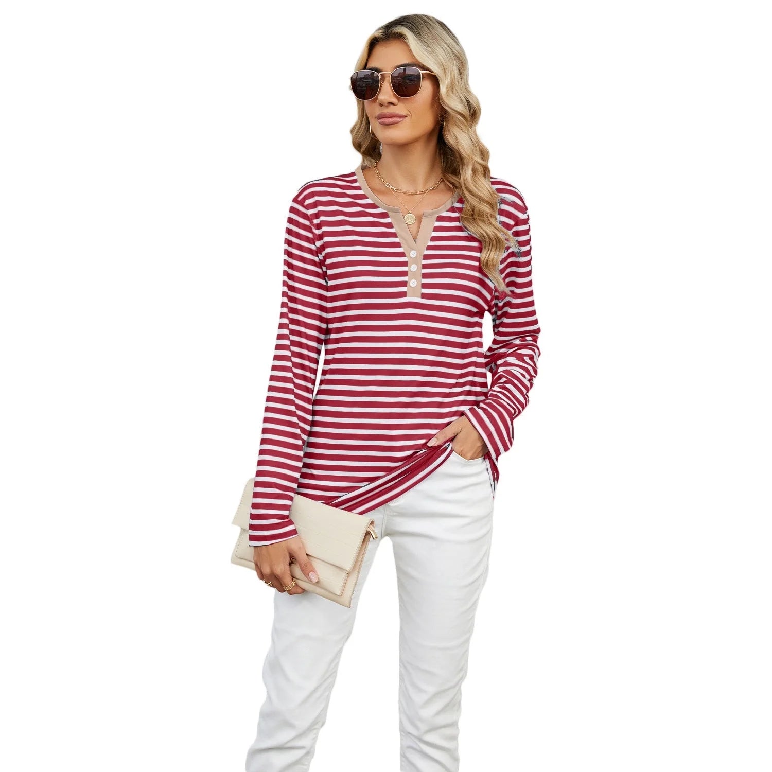 Women's V-neck striped loose long-sleeved t-shirt in various colours