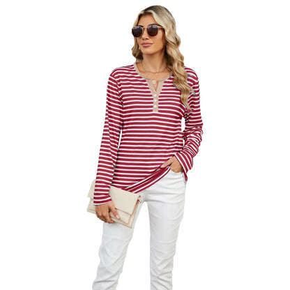 Women's V-neck striped loose long-sleeved t-shirt in various colours