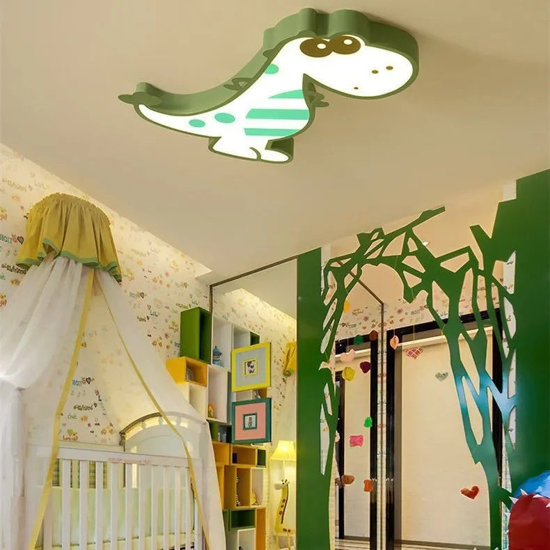 Cartoon dinosaur design ceiling light with PVC shade on aluminium base, 48cm diameter.