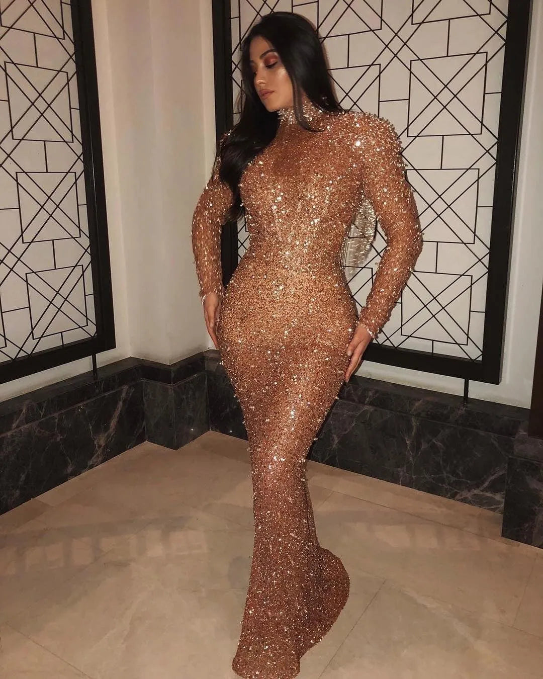 Gold sequin backless long sleeves dress with long skirt and zipper closure for women
