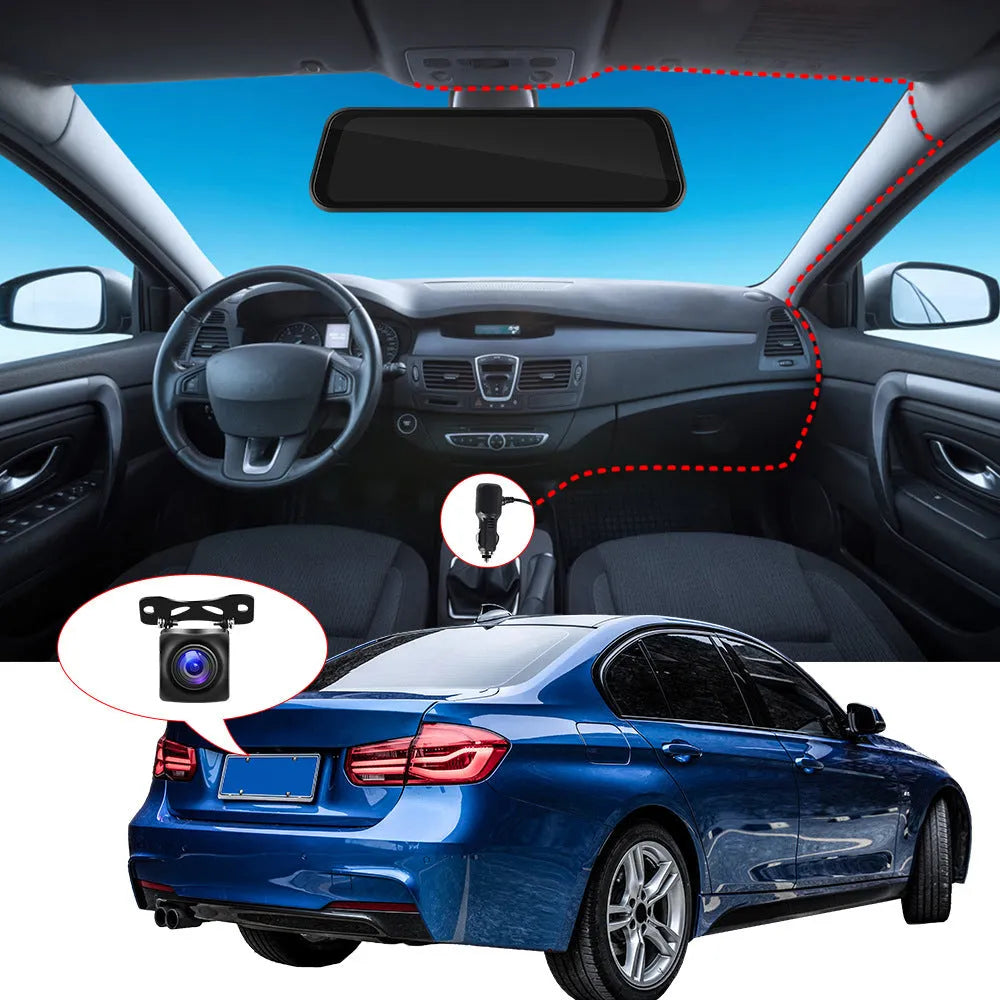 9.66-inch HD driving recorder mirror with CarPlay and Android Auto on vehicle windshield