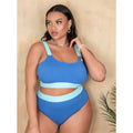 Women's solid colour polyester bikini set with high waist briefs and decorative stitching.