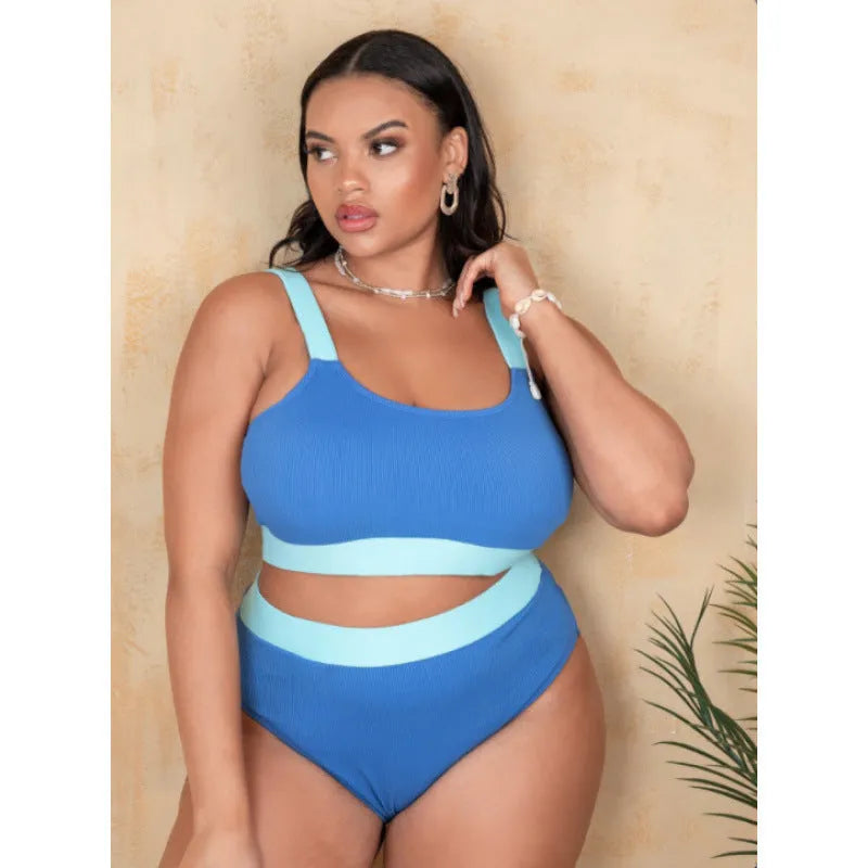 Women's solid colour polyester bikini set with high waist briefs and decorative stitching.