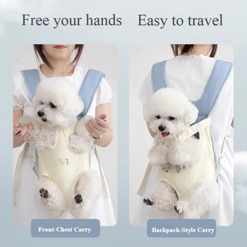 Breathable dog carrier backpack with adjustable chest harness and ventilated net panels for small pets, available in blue and pink