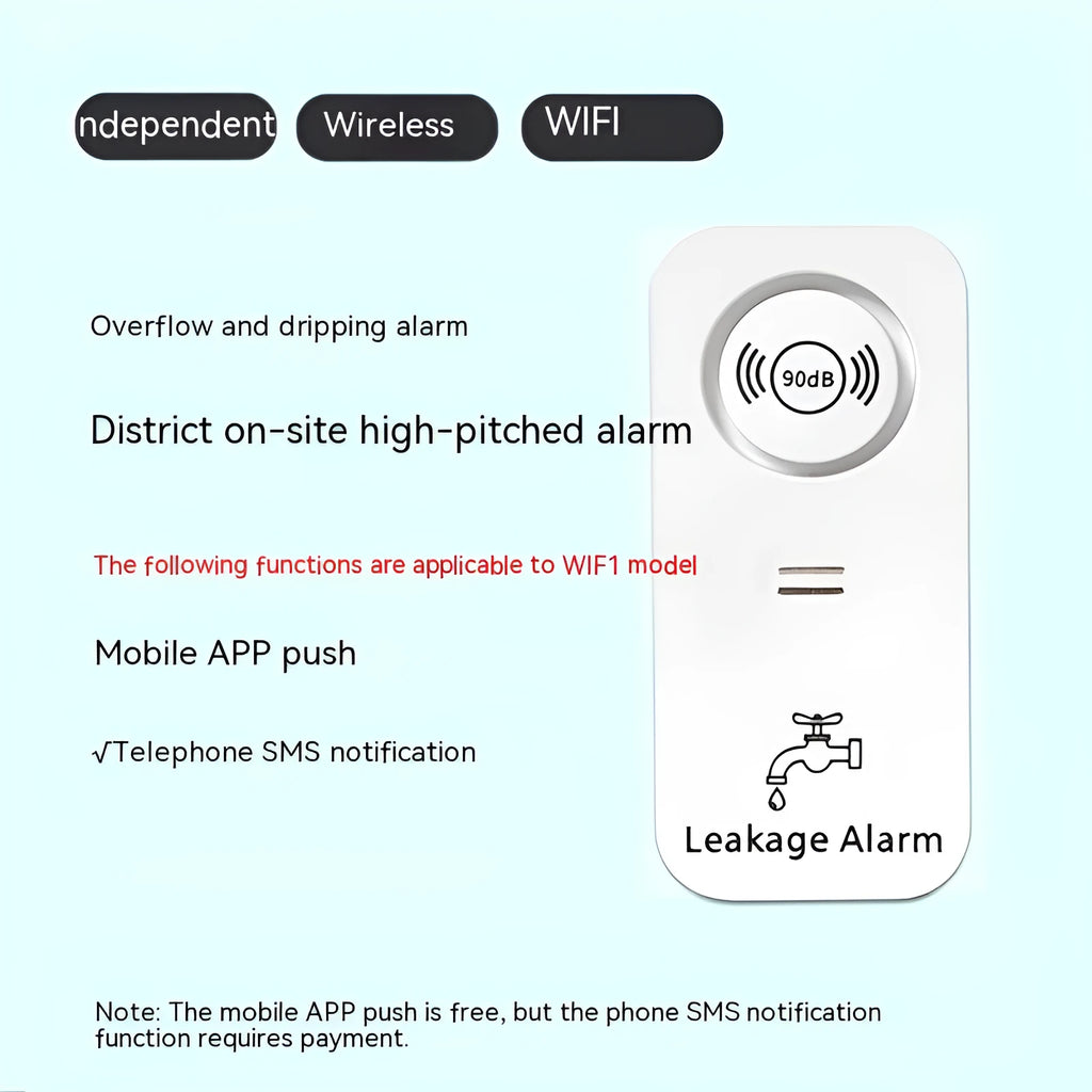 Independent overflow sensor alarm unit for water detection in warehouses and homes.
