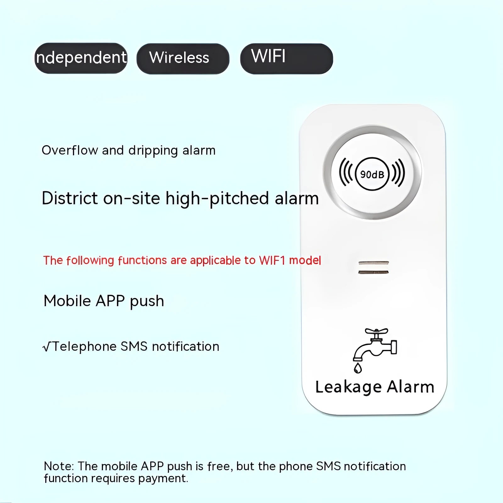 Independent overflow sensor alarm unit for water detection in warehouses and homes.