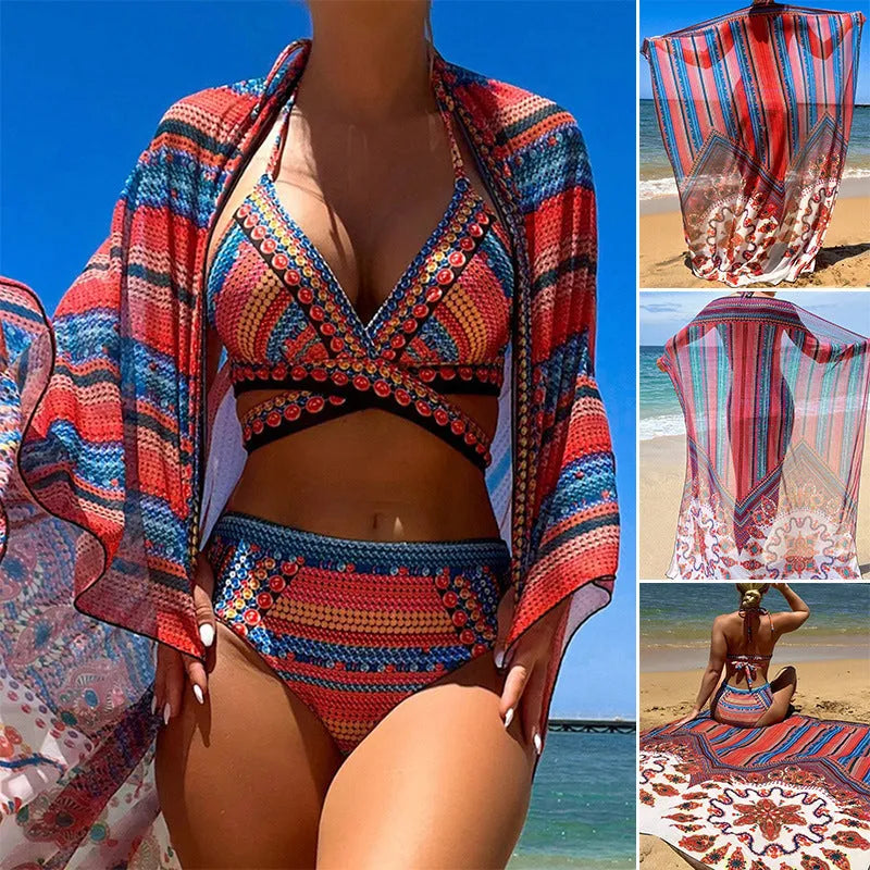 Women's three-piece swimsuit set showing a cutout blouse, high-waist briefs, and a matching coat.
