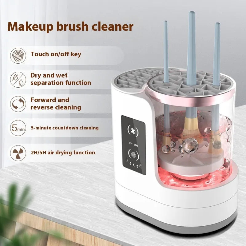 Automatic makeup brush cleaner with drying chamber showing brush holder and control buttons