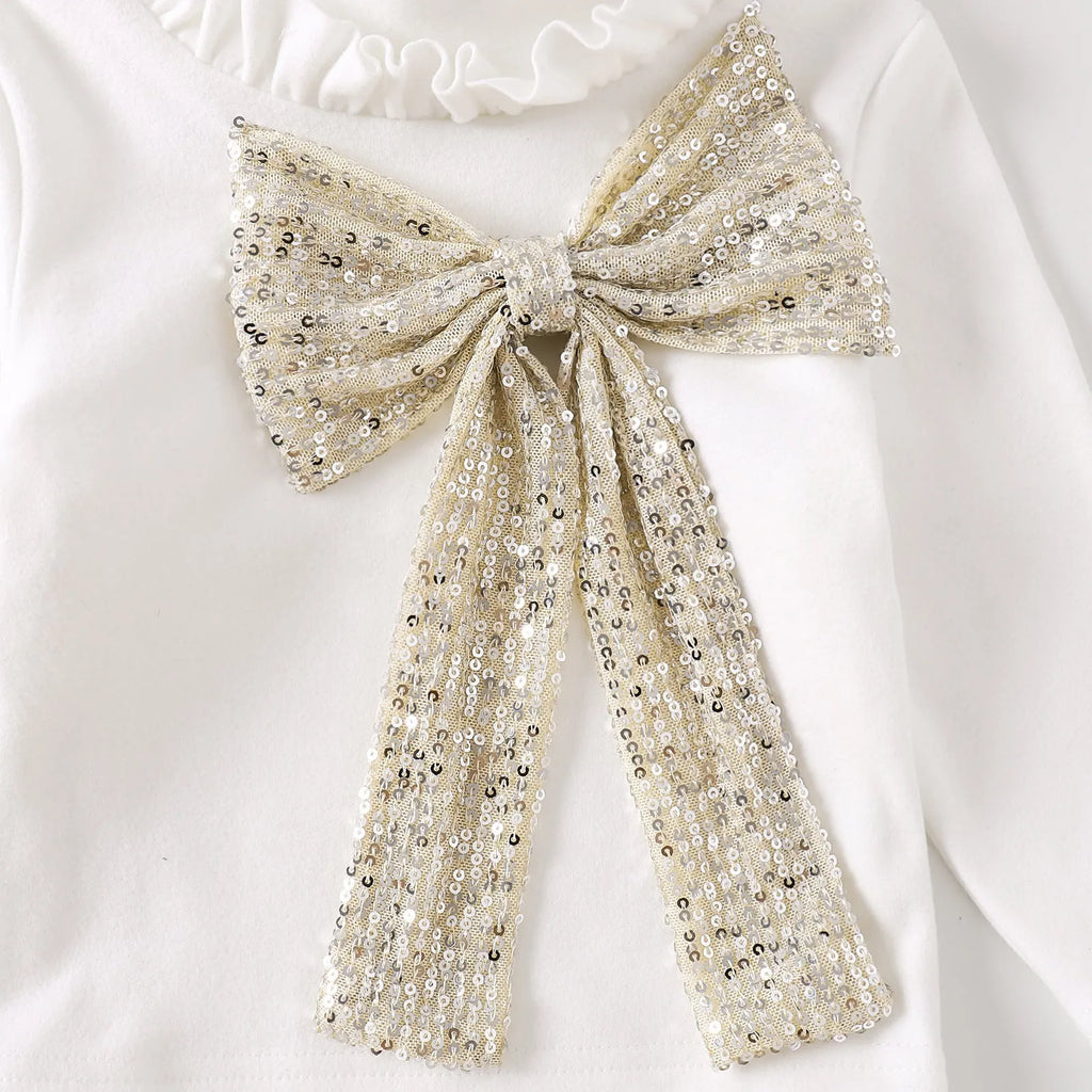 Girls set bow print long sleeve maxi dress in apricot with cotton fabric and long sleeves