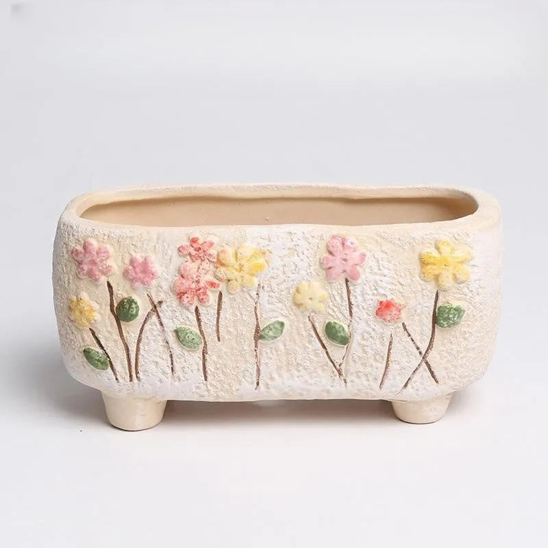 Hand-painted rectangular ceramic flower pot for succulents measuring 13.7x6.2x6.5cm