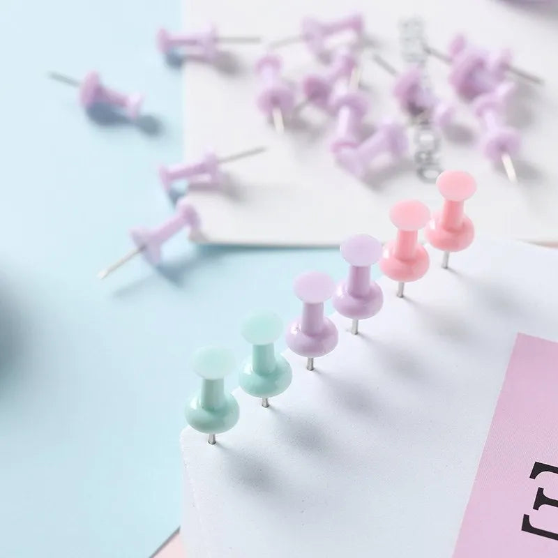Box of 40 plastic push pins in macaron colours: cherry blossom pink, mint green and lavender.